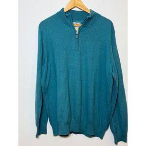 LL‎ Bean Mens XL Teal Blue Cotton Cashmere Quarter Zip Sweater Pullover 275298
